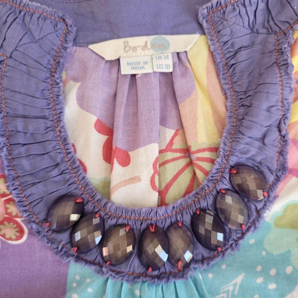 Boden Floral Vibrant Colors 100% Cotton Tunic Dress Embellished Women's US 10 - Picture 6 of 13